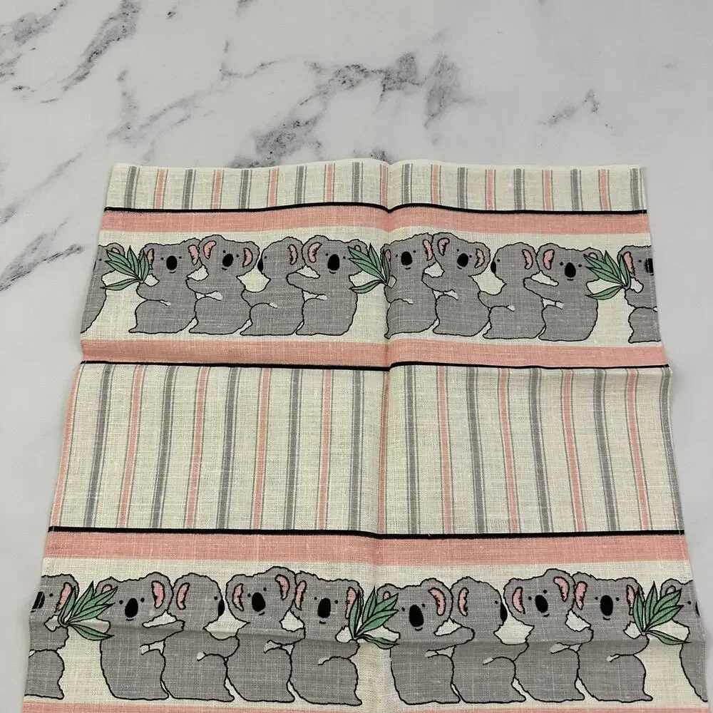 Vintage 80s Koala Australia Souvenir Linen Tea Towel New Gray Pink Pastel Cute